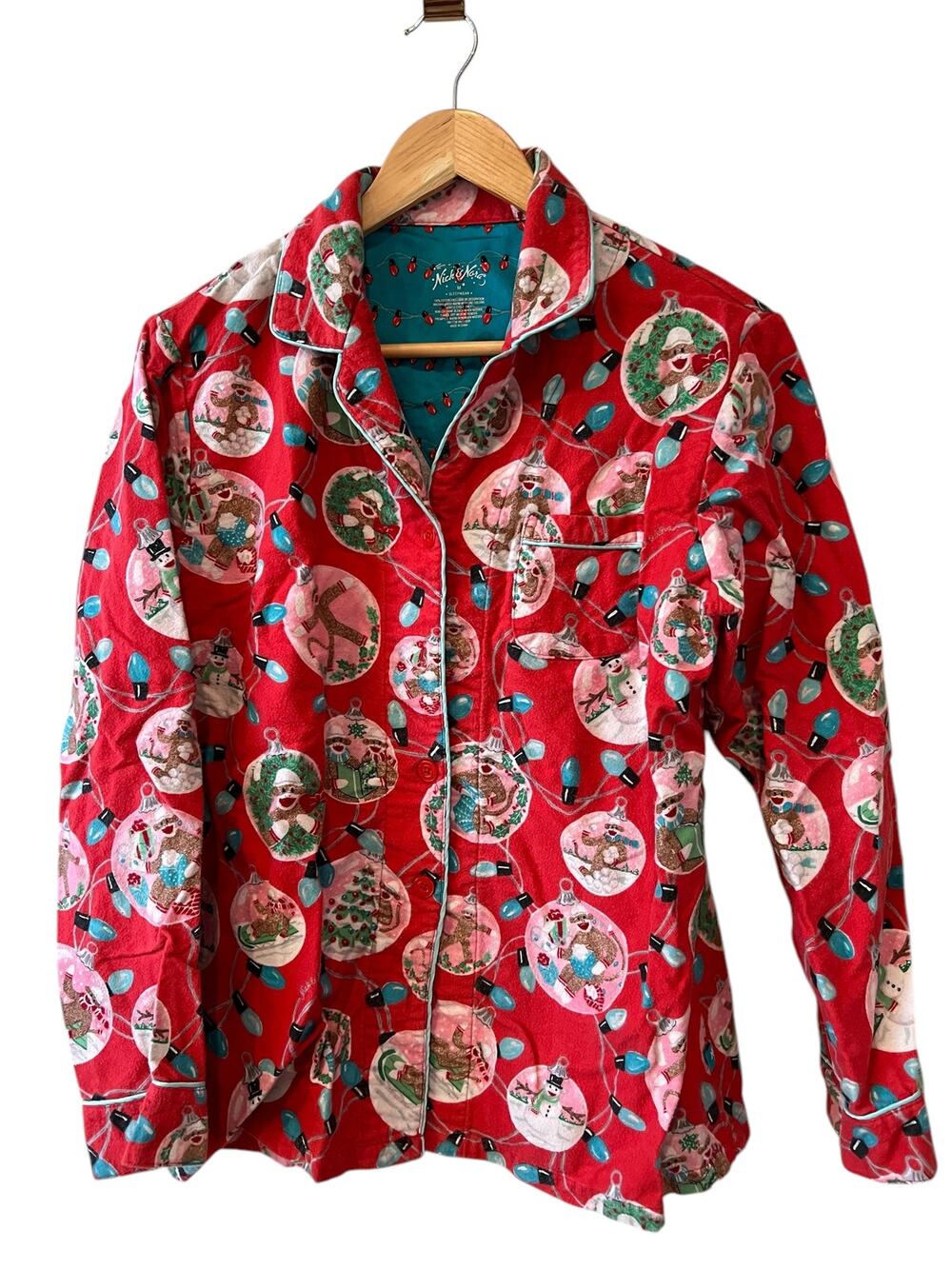 Nick & Nora Holiday Sock Monkey Flannel Pajama Top M
